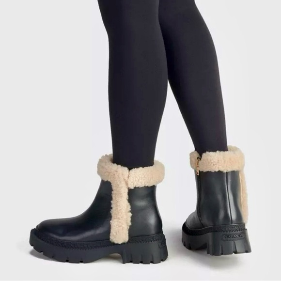 Coach Jane Black & Natural Leather Bootie Fur Trim Side Zip Women’s Size 9.5 New - Picture 11 of 13